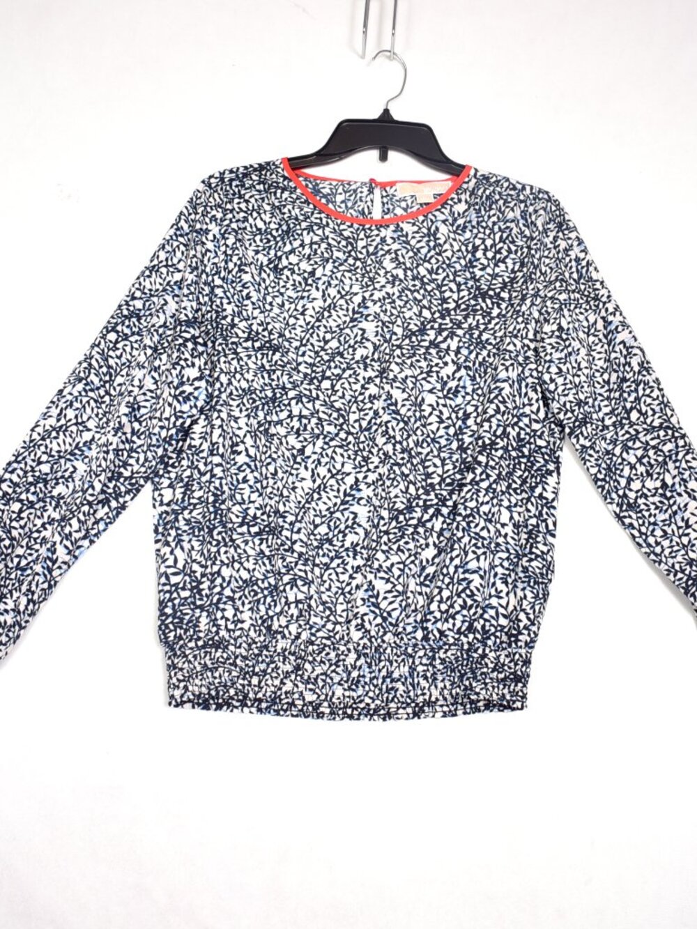 Michael Michael Kors Blouse Ivory Blue Long Sleeve Elastic Hem Top Size Medium